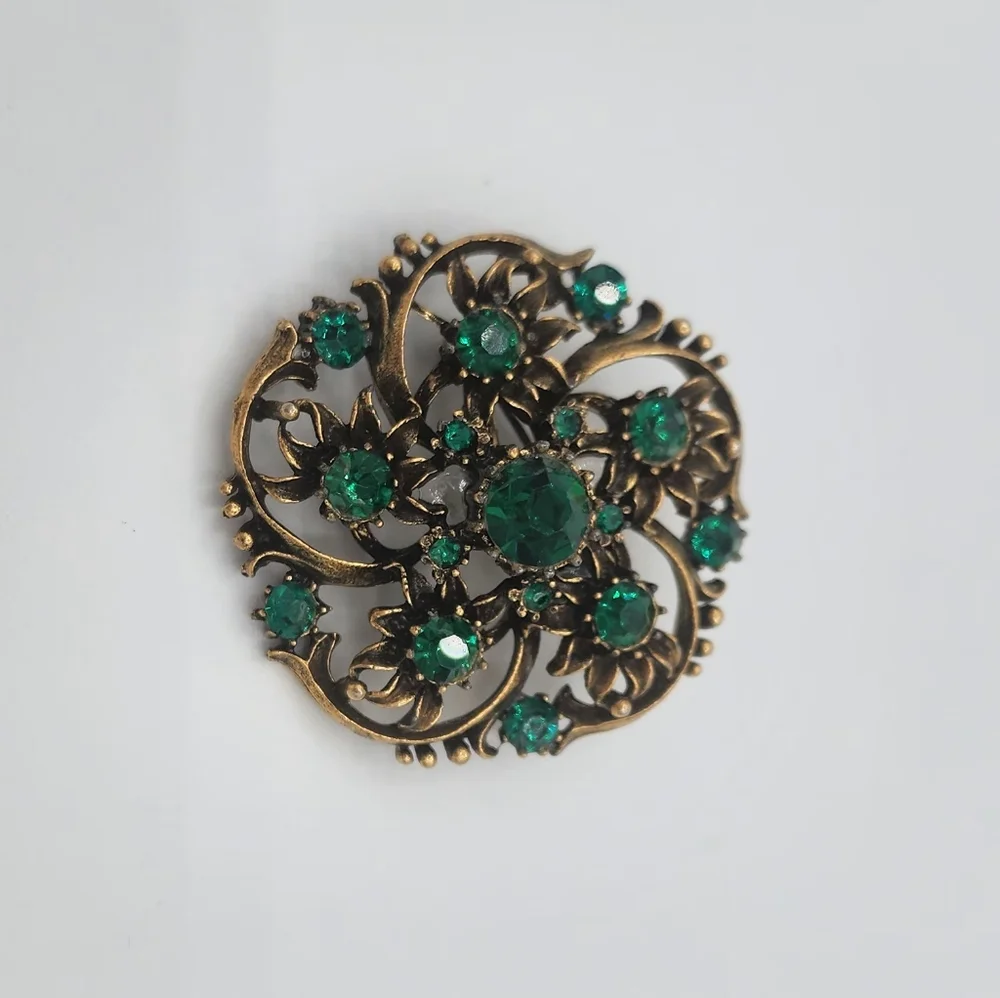 Coro Green and Gold Floral Brooch